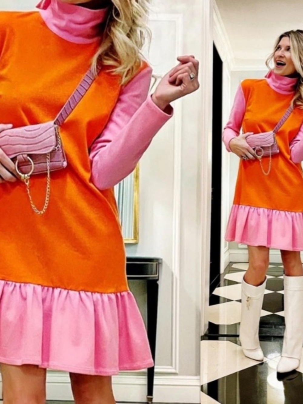 BURU Pink & Orange Colorblock Ruffle Hem Dress